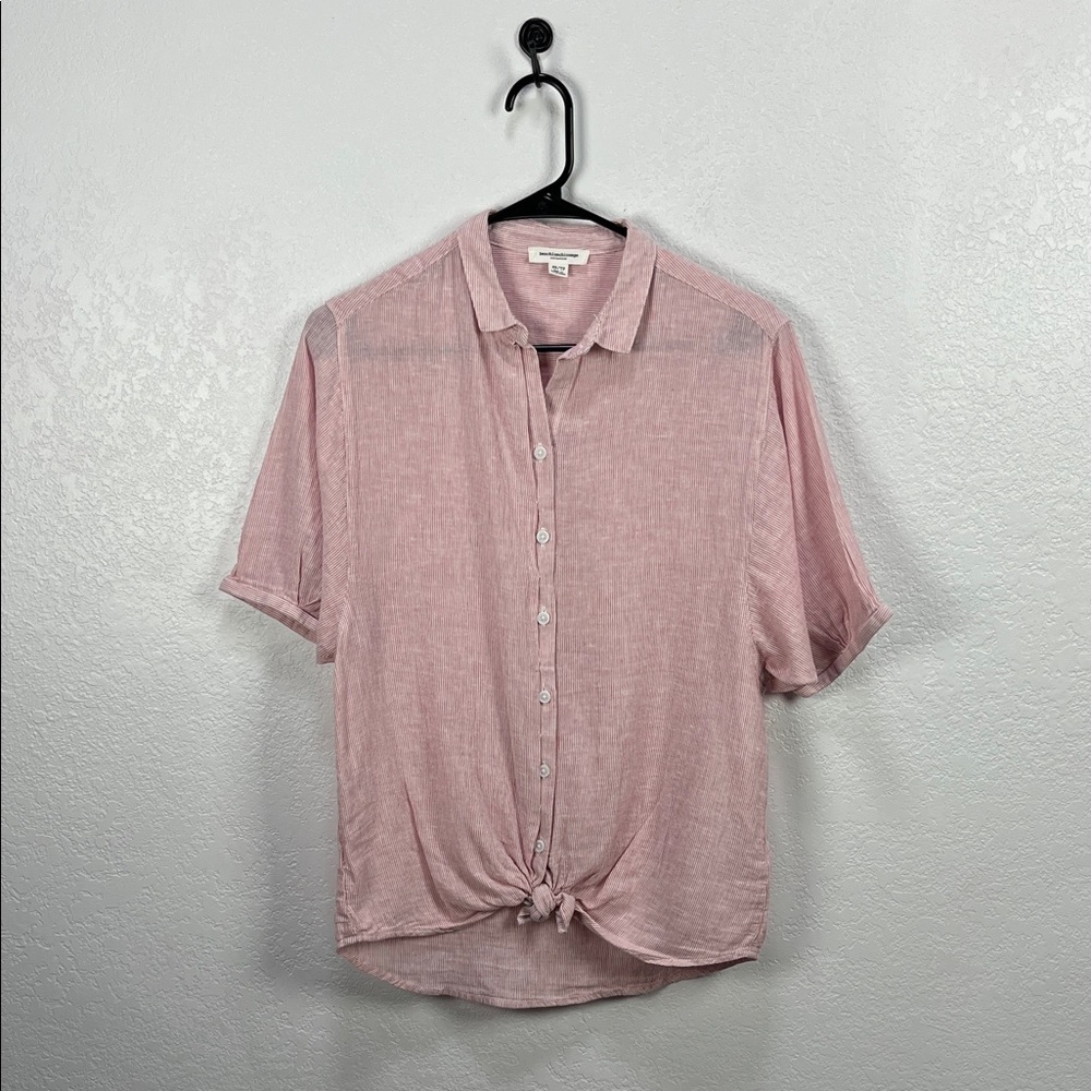 beachlunchlounge Red‎ White Striped Casual Button Down Shirt Sz XS Cotton Linen